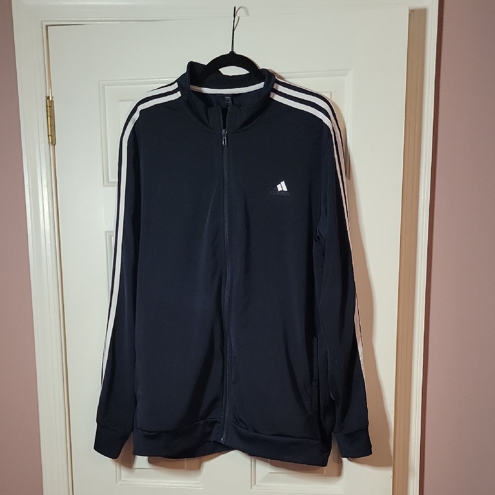 Adidas Dark Blue Zip-Up Jacket with White Stripes